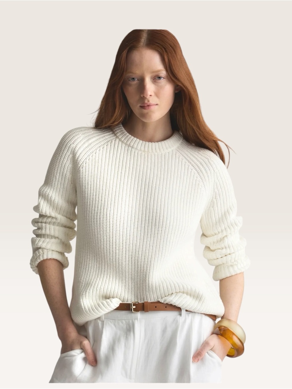 Quince 100% Organic Cotton Chunky Knit Fisherman Crewneck Sweater Ivory XS